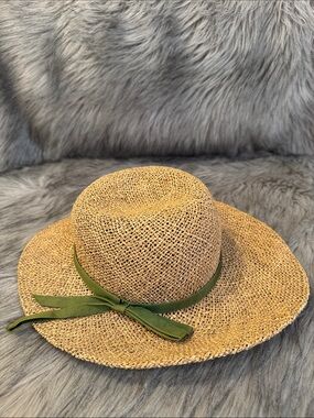 Sonni Woven Straw Sun Hat with Olive Ribbon - Women